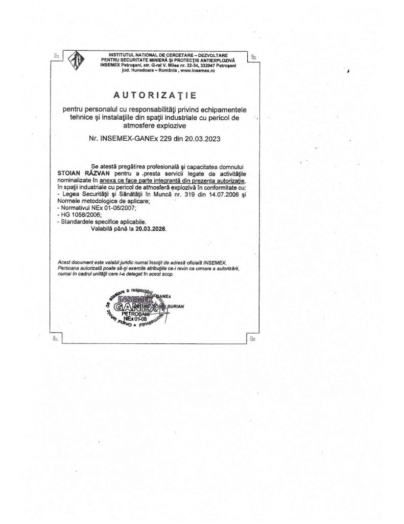 Autorizație Insemex-GANEx pentru personal – atmosfere explozive – pagina 1