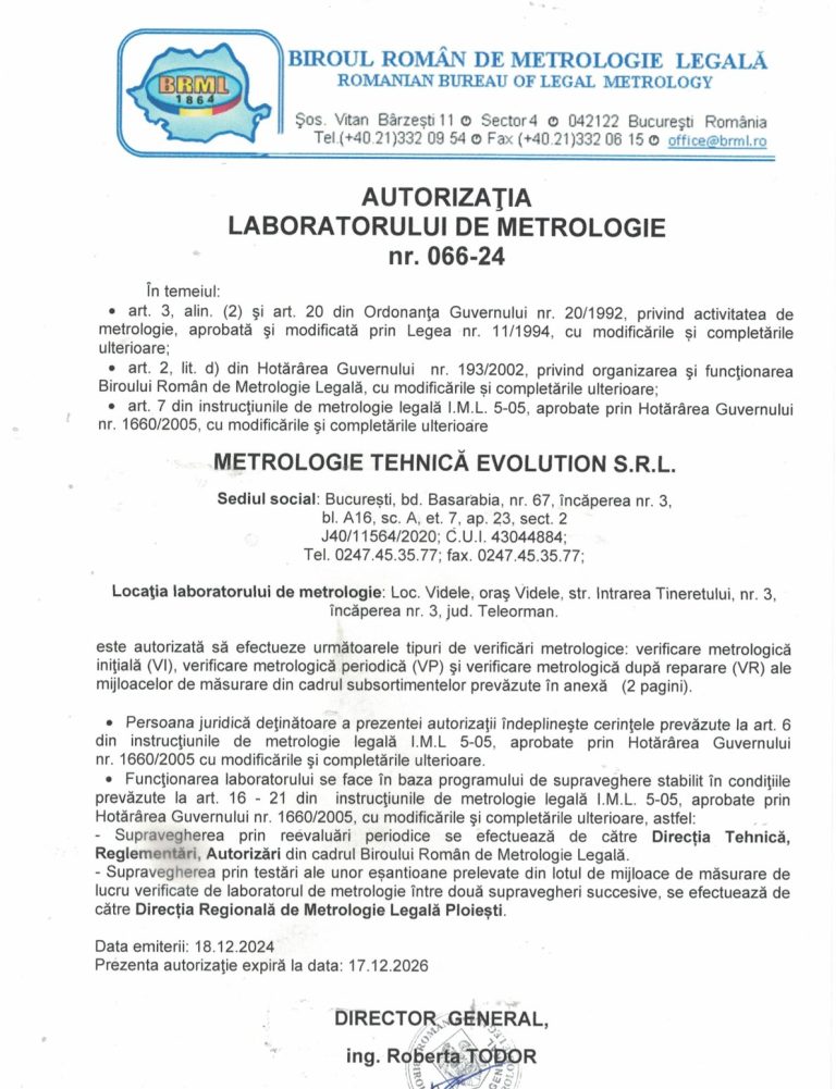Autorizație laborator de metrologie BRML nr. 066-24