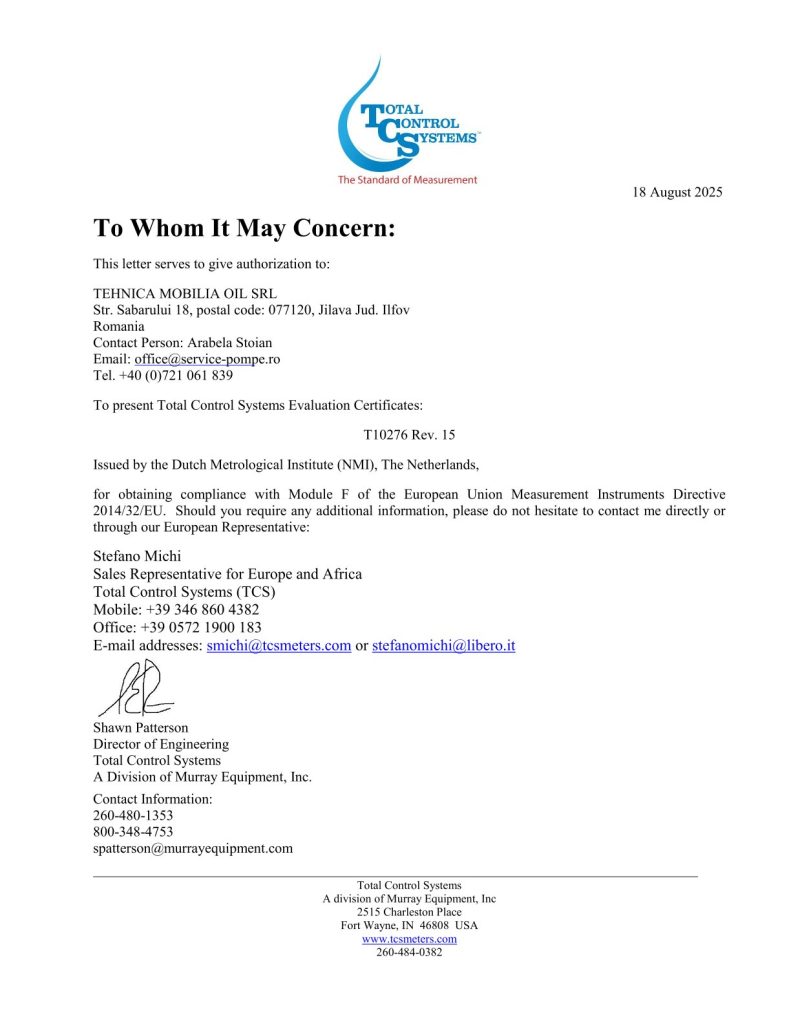 Scrisoare de autorizare Total Control Systems – pagina 1