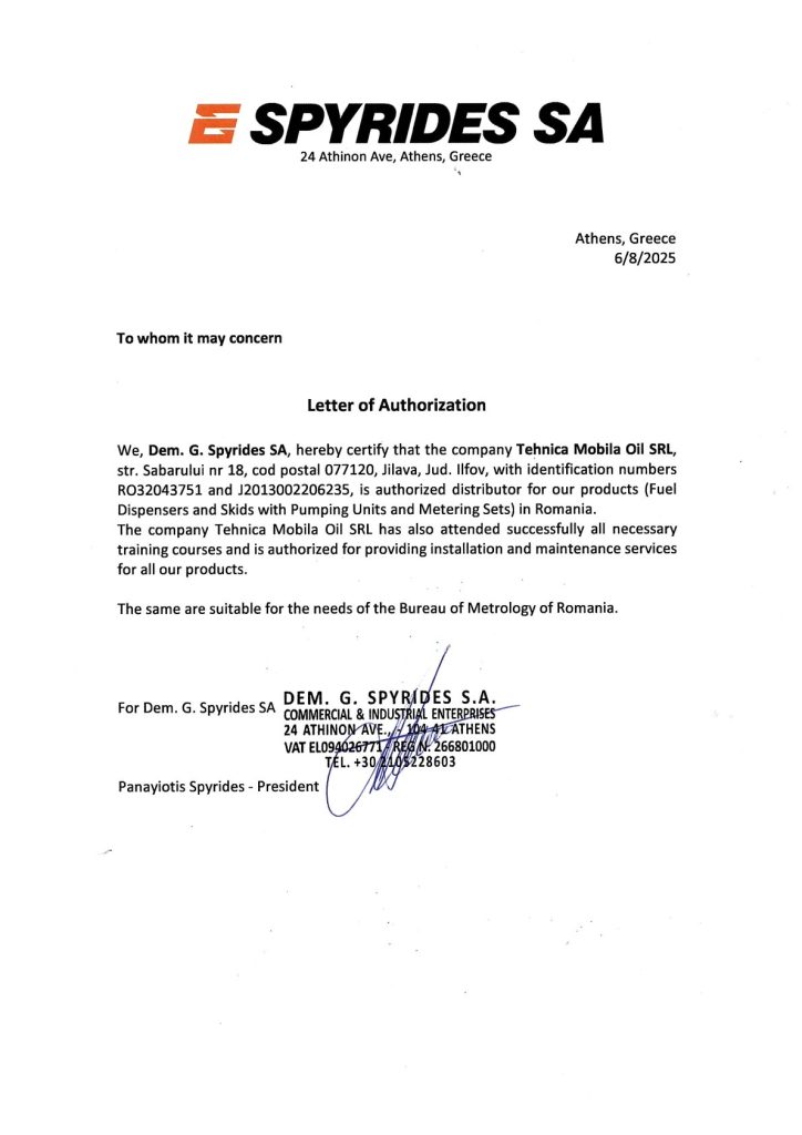 Scrisoare de autorizare Dem. G. Spyrides SA – pagina 1