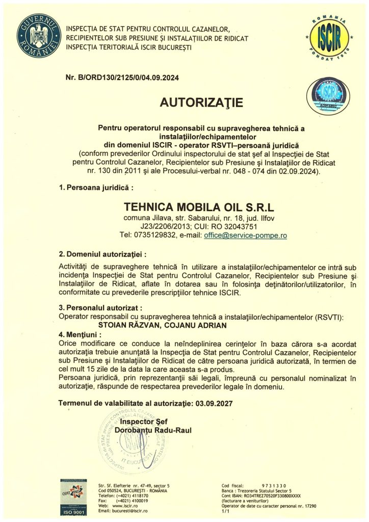 Autorizație ISCIR – operator RSVTI (persoană juridică) – pagina 1