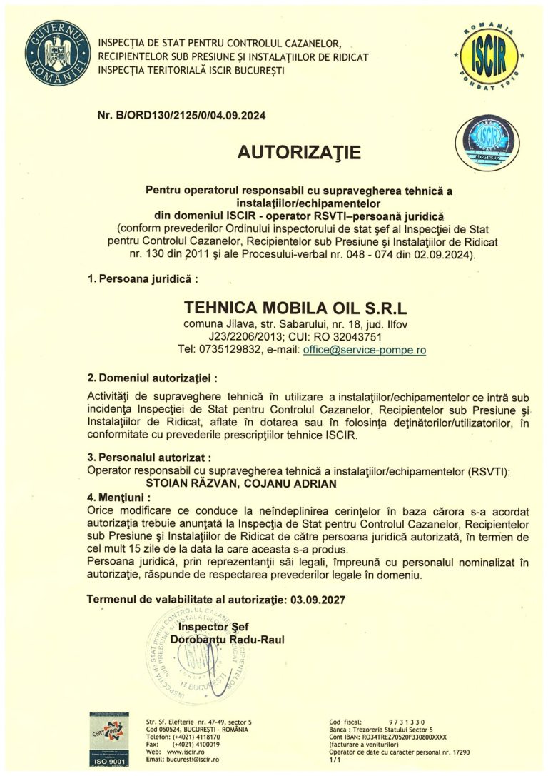 Autorizație ISCIR – operator RSVTI (persoană juridică)