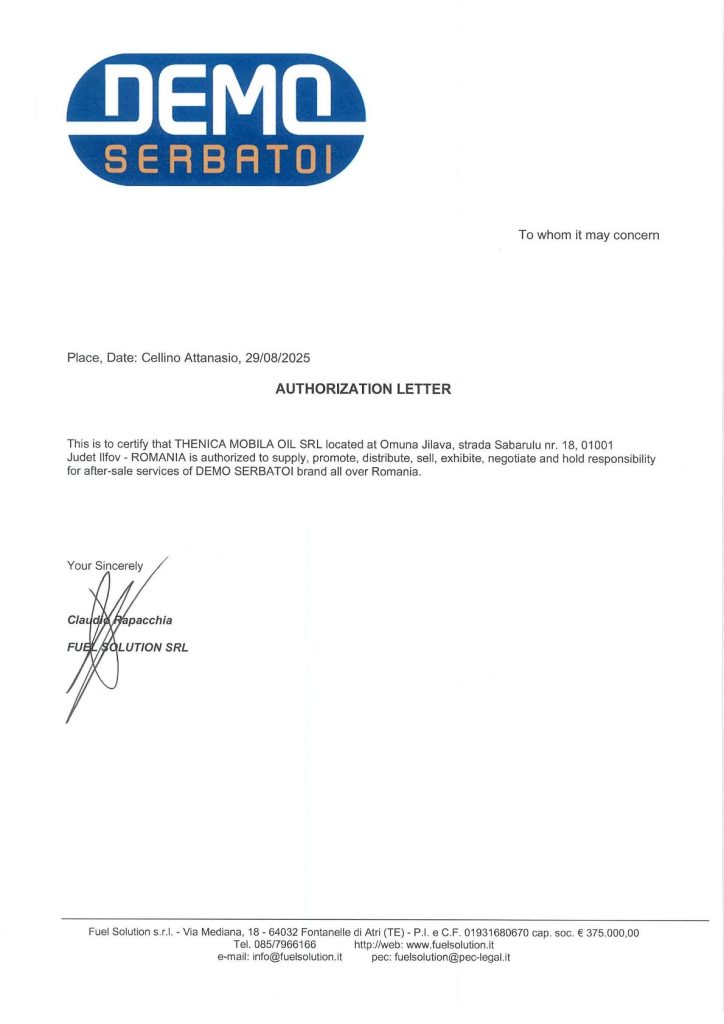 Scrisoare de autorizare Demo Serbatoi – pagina 1