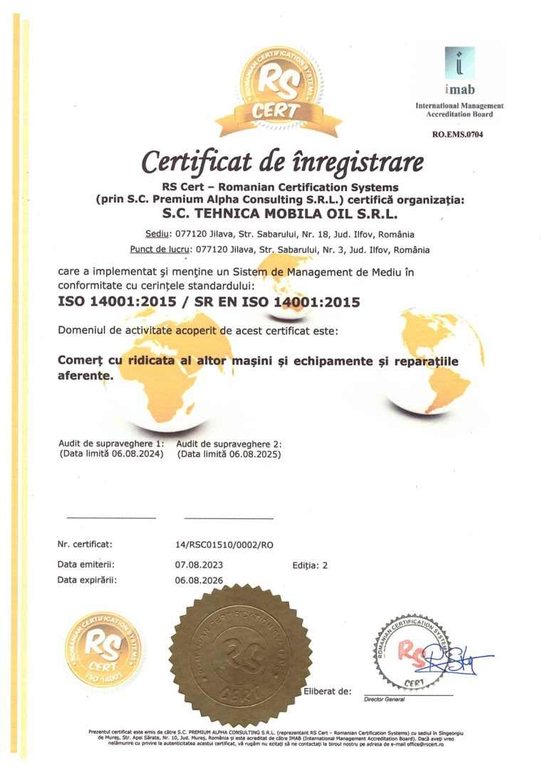 Certificat ISO 14001:2015 – Managementul mediului