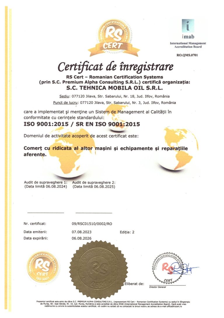Certificat ISO 9001:2015 – Managementul calității